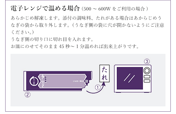 電子レンジで温める場合(500～600Wをご利用の場合) あらかじめ解凍します。添付の調味料、たれがある場合はあからじめうなぎの袋から取り外します。（うなぎ側の袋に穴が開かないようにご注意ください。）うなぎ側の切り口に切れ目を入れます。お皿にのせてそのまま45秒～1分温めれば出来上がりです。